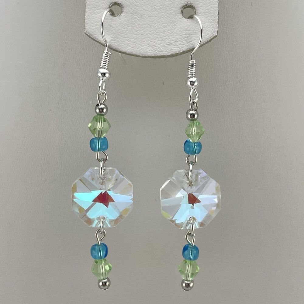 Artisan Handmade Blue Green AB White Glass Beaded Earrings Dangle Silver Tone